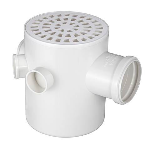 CAIXA SIFONADA REDONDA COM CINCO ENTRADAS GRELHA E PORTA GRELHA BRANCAS