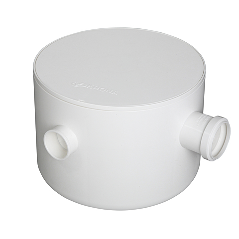 CAIXA SIFONADA REDONDA COM TRÊS ENTRADAS TAMPA E PORTA TAMPA BRANCAS 